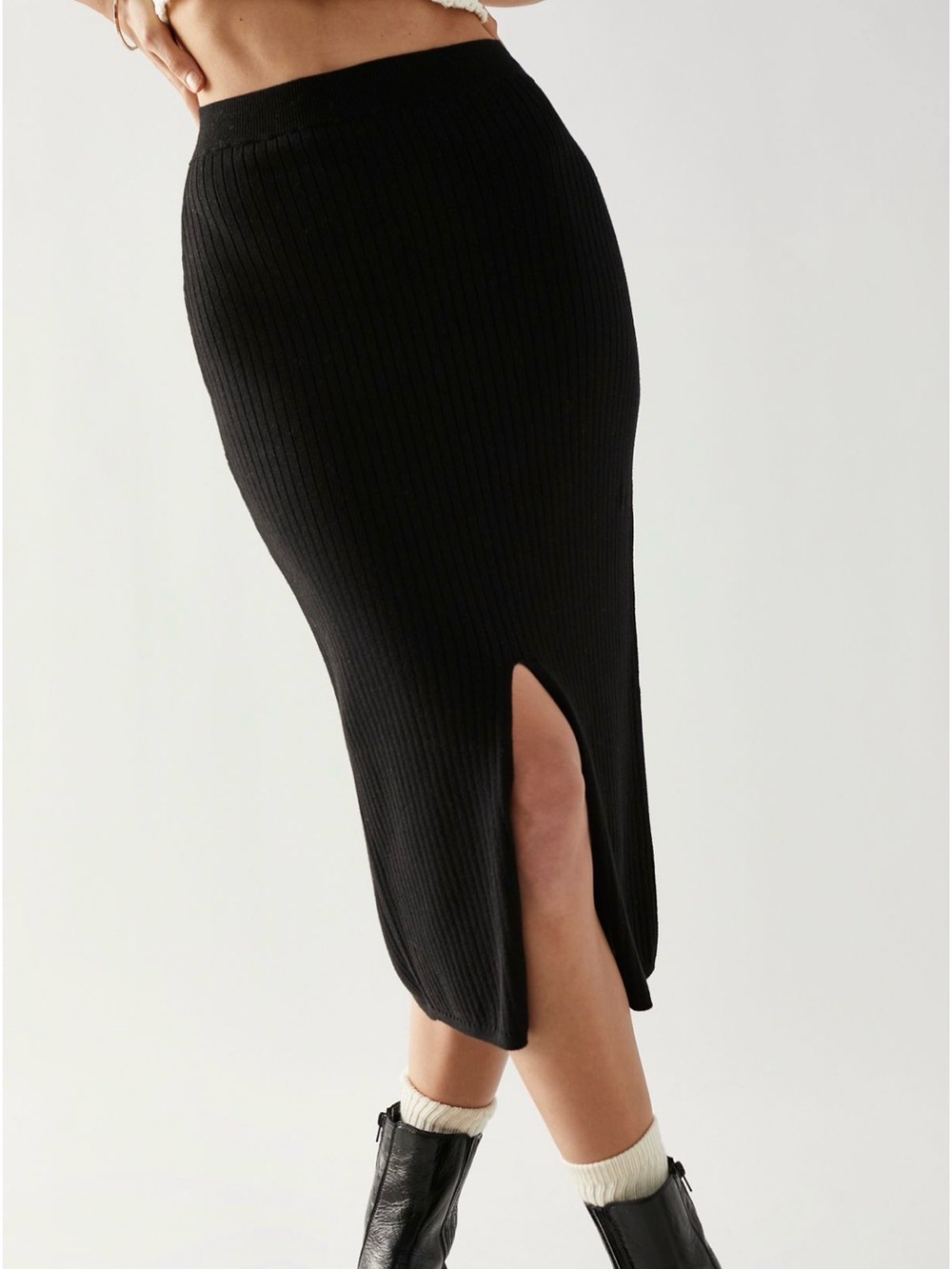 Free People-FP Beach, Long Black Pencil Ribbed Knit Skirt with Back Slit—SMALL